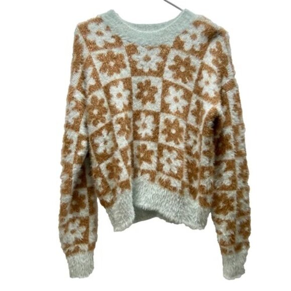 SO Fuzzy Sweater Women Med Mint + Brown Floral Crop Goods For Life Long Sleeve - Picture 1 of 13